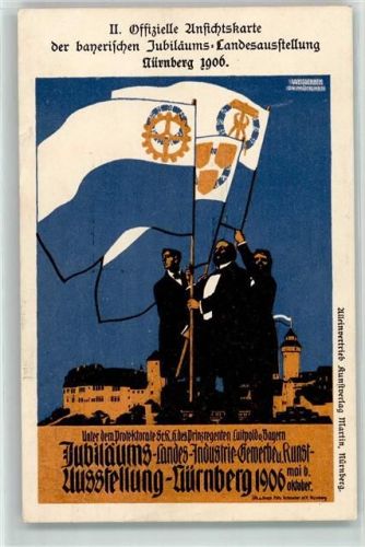 Nürnberg II. Offizielle Postkarte der bayerischen Jubilums-Landesausstellung 1906 Fahnen