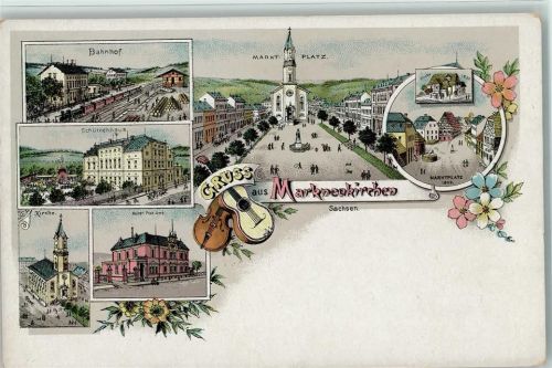 08258 O9659 Markneukirchen 1898 Lithographie Gruss aus - Bahnhof, Post, Marktplatz, sehr gute Erhaltung AK