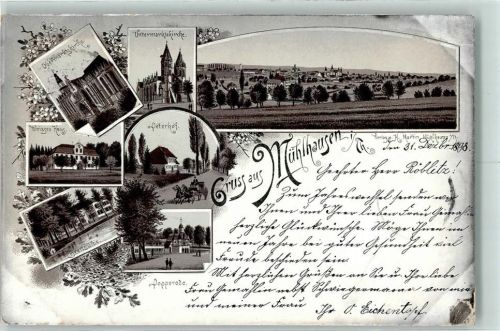 Mühlhausen 1898 Vorläufer Druck 1890-1895 , Lithographie Obermarktskirche Untermarktskirche Weisses Haus Peterhof Brettsülze Popperode
