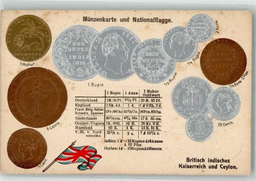 Britisch indisches Kaiserreich und Ceylon Münzenkarte und Nationalflagge Münzabbildungen Geld auf AK Lithographie Motiv Sri Lanka / Ceylon Prägedruck
