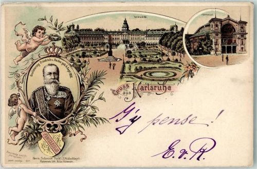 Karlsruhe 1897 Gruss aus Großherzog Friedrich v. Baden , Schloss, Festhalle, Engel