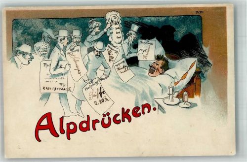 Nr. 7171 Alpdrücken Träume über offene Rechnungen Humor Bürger Bruno 1912 Lithographie / Künstlerkarte