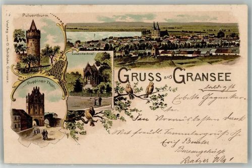 Gransee 1897 Luisen- Denkmal Pulverturm Ruppiner Tor Bahnpost Berlin-Stralsund Lithographie