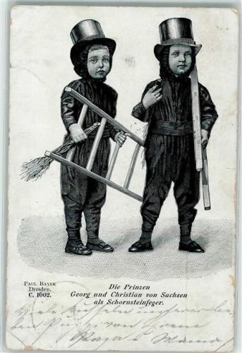 1899 Die Prinzen Georg und Christian als Schornsteinfeger Lithographie Stahlstich