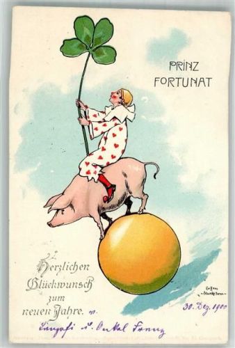 Adelskorrespondenz Neujahr Pirrot Schwein Kleeblatt Ball sign. Hans Starcke Künstler S 1900 Lithographie / Künstlerkarte