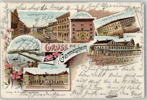 Germersheim 1900 Ludwigstraße Ludwigstor Kaserne Theobald Bahnhof Rheinbrücke Kaserne Zoller Lithographie