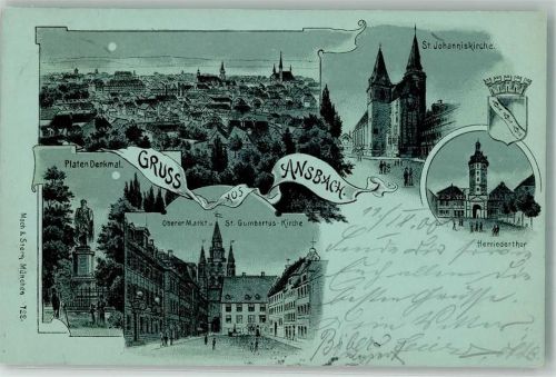 Ansbach 1900 Denkmal Platen Kirche St. Gumbertus St. Johannis Herriedertor Mondschein
