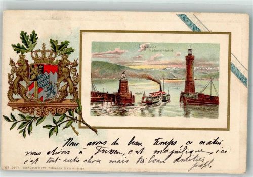 Lindau Lithographie Bodensee Hafeneinfahrt Leuchtturm Bayr. Köwe Wappen Passepartout