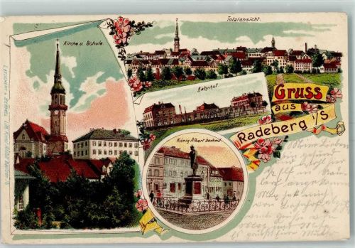 Radeberg 1904 Kirche Schule Bahnhof König Albert-Denkmal