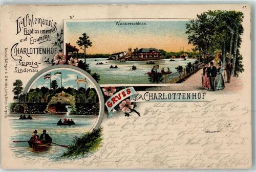 04103 O7010 Lindenau 1901 Lithographie Wasserschloss Gasthaus Etablissement und Eiswerke Charlottenhof