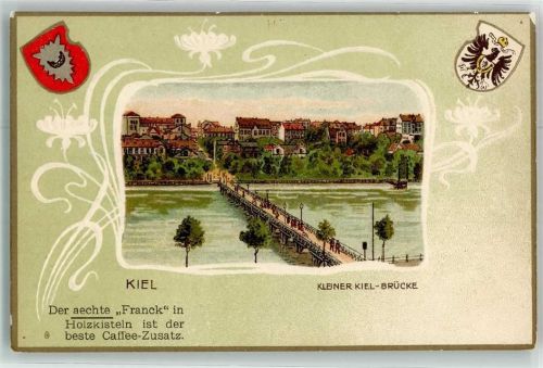 Kiel Kleiner Kiel-Brücke Wappen Blume Jugendstil Passepartout Werbung Franck Kaffee Zusatz Lithographie