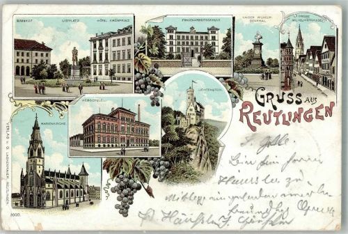 Reutlingen 1898 Bahnhof Hotel Kronprinz Marien- Kirche Burg Lichtenstein Denkal Kaiser Wilhelm Lithographie