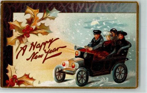 1910 Tucks Serie 139 - Happy New Year - Ausfahrt im Automobil, Stechpalme AK