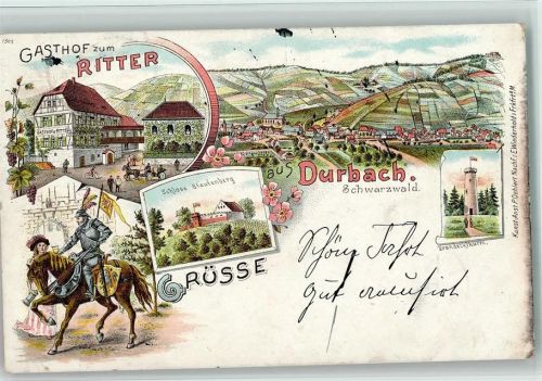 77770 W7601 Durbach Lithographie Gruss aus - Brandeckturm, Gasthof zum Ritter, AK Stempelflecken