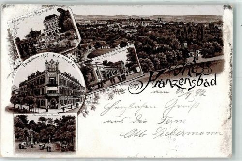 Frantiskovy Lazne 1897 Curplatz von der Franzenquelle Deutscher Hof F.X. Foster Konzertplatz im Kurpark