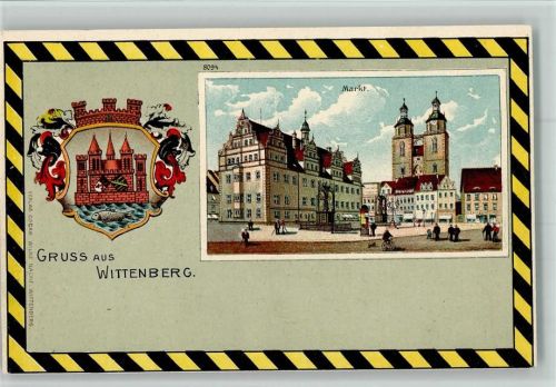 O4600 Lutherstadt Wittenberg Gruss aus - Markt - gelb-schwarz Schmuckrahmen - Verlag Wilke 8094 AK Wappen 1898 Lithographie