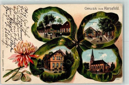 Harsefeld 1906 Kleeblatt Gartenstraße Kutsche Herrenstraße Pfarrhaus Kirche Lithographie Bahnpost Zug 645 Lithographie