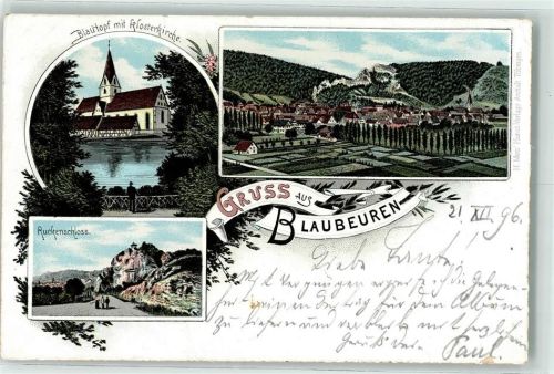 89143 W7902 Blaubeuren 1896 Lithographie Blautopf Klosterkirche Ruckenschloß
