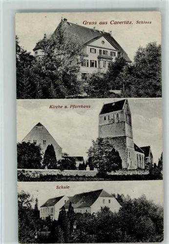 Cavertitz 1919 Schloss, Schule, Kirche und Parrhaus AK