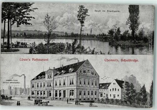 09111 O9000 Chemnitz , Sachs - Löwe's Gasthaus Schulstraße Teich im Stadtpark Chmenitzer Aktien-Spinnerei
