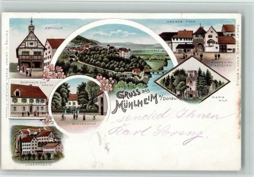Mühlheim 1898 Gruss aus - Uhrenfabrik, Gasthaus zur Krone, AK
