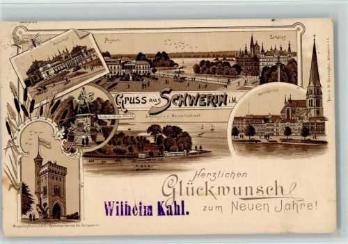 Schwerin 1900 Städteglückwunsch Neujahr - Gruss aus - Bahnhof, Aussichtsturm AK
