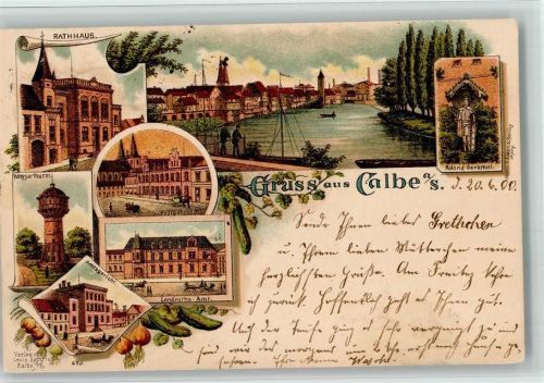 Calbe 1900 Gruss aus - Post, Rathaus, Wasserturm , Gericht AK