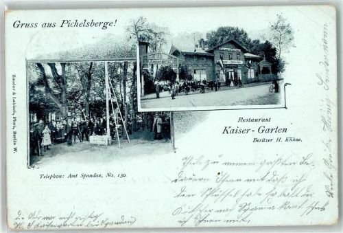 10115 W1000 Spandau 1900 Gebrauchsspuren Gruss aus Pichelsberge Gasthaus Kaiser Garten Fahrrad Fahne Hammer Spiel Hau den Lukas