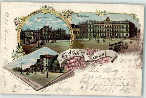 34117 W3500 Kassel , Hess 1899 Lithographie Bahnpost Aachen Altenbeken Basel Zug 23.10.99 Bahnhof Postgebäude Straßenbahn
