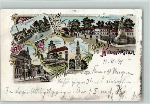 Neumünster Gruss aus - Litho, Kriegerdenkmal AK