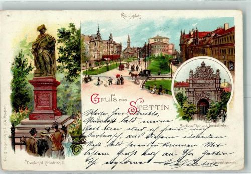 Stettin 1898 Königsplatz Denkmal Friedrich II Berliner Tor und Jacobskirche Lithographie