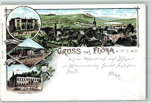 09557 O9380 Flöha Lithographie Königl. Amtshauuptmannschaft Bahnhof Gasthof Augustusberg