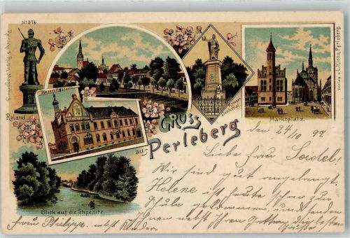 19348 O2910 Perleberg 1899 Lithographie Roland Kaiserl. Postamt Kriegerdenkmal Marktplatz Blick auf die Stepenitz