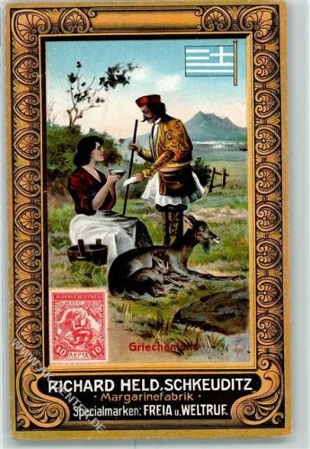 Schkeuditz Margarinefabrik Richard Held Serie Briefträger aus Griechenland Ziege Briefmarke und Fahne Schmuckrahmen AK