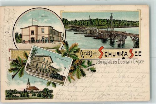 O1637 Sperenberg Gruss aus Übungsplatz der Eisenbahnbrigade Schumka See Bahnhof Kaserne Eisenbahn Militär Lithographie