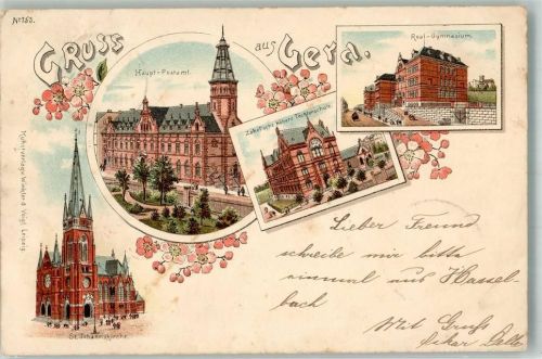 Gera 1897 Lithographie Haupt-Postamt Real-Gymnasium St Johanniskirche