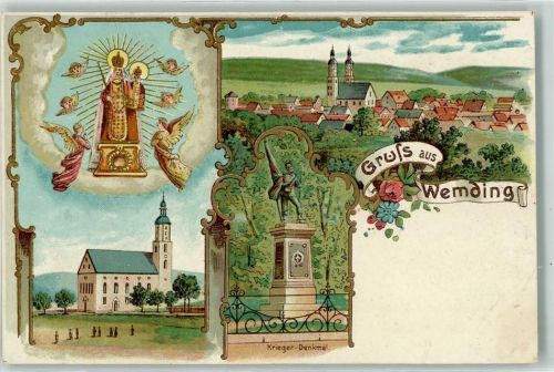 86650 W8853 Wemding Lithographie Kirche Heilige auf AK Engel Kriegerdenkmal Gruss