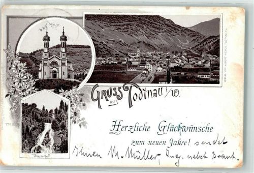 Todtnau 1903 Wasserfall Kirche Johannes der Täufer Bahnpost Zell- Todtnau Zg. 7
