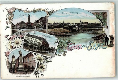 Zatec Saaz Lithographie Ringplatz Schulgebäude Josefs-Denkmal