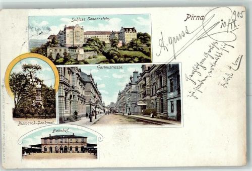 01796 O8300 Pirna 1905 Lithographie Schloss Sonnenstein Bismarck-Denkmal Gartenstraße Bahnhof