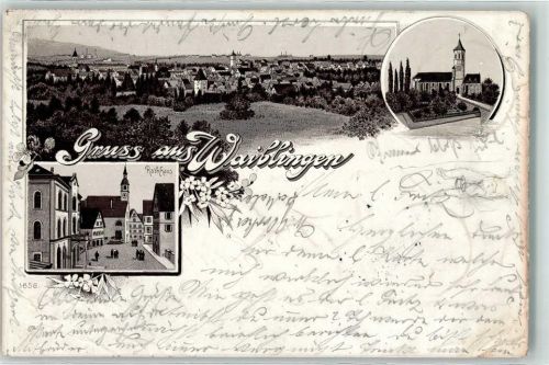 Waiblingen 1898 Rathaus Michaelskirche Lithographie