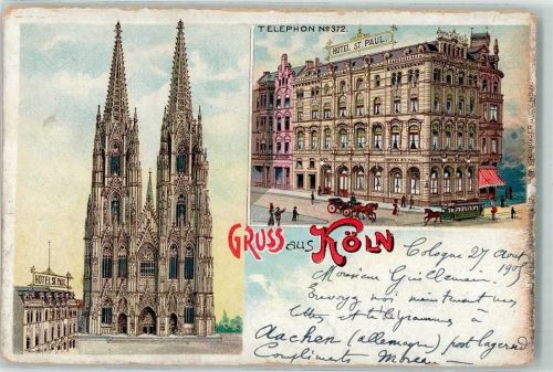 50667 W5021 Köln Altstadt-Nord 103 Gebrauchsspuren Hotel St. Paul Dom Pferdestraßenbahn Lithographie