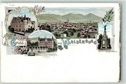 08396 O9611 Waldenburg , Sachs Lithographie Schloss Rathaus Kaiser Wilhelm-Platz mit Denkmal Kriegerdenkmal