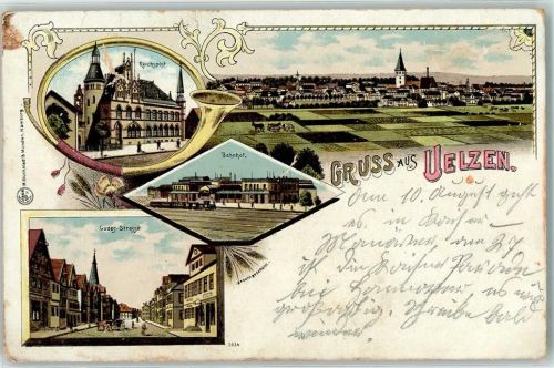 29525 W3110 Uelzen , Lüneburger Heide 1907 Lithographie Reichspost Bahnhof Gudes-Straße
