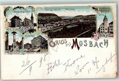Mosbach 1898 Palmsches Haus mit Kirche Gewerbeschule Kriegerdenkmal Rathaus