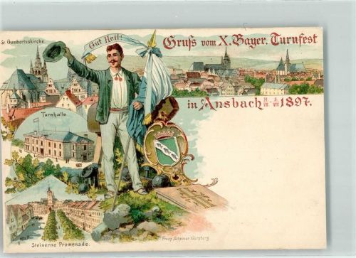 91522 W8800 Ansbach , Mittelfr 1897 Gebrauchsspuren X. Bayer. Turnfest 1897 Turnhalle Steinerne Promenade St. Gumbertuskirche Litho