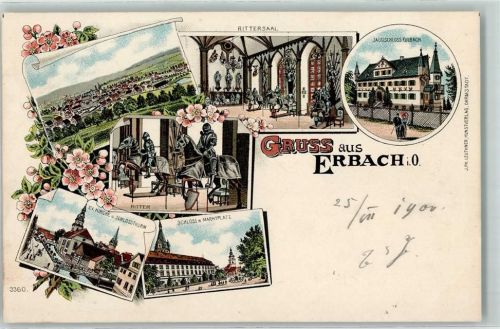 Erbach 1900 Jagdschloss Eulbach Rittersaal Ritter Rüstungen Ev. Kirche Schlossturm Schloss Marktplatz