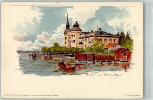 82319 W8130 Starnberg Lithographie Künstlerkarte Starnberger See Ruderboote sign. R. Lipp