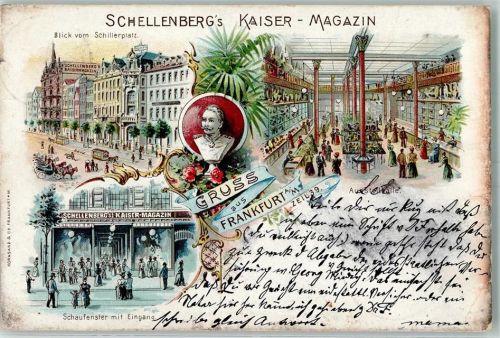 Frankfurt 1899 Schellenbergs Kaiser-Magazin Blick vom Schillerplatz Ausstellhalle Schaufenster