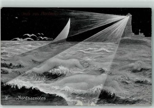 1910 Nordseenoxen in den Wellen Meerjungfrau Mermaid